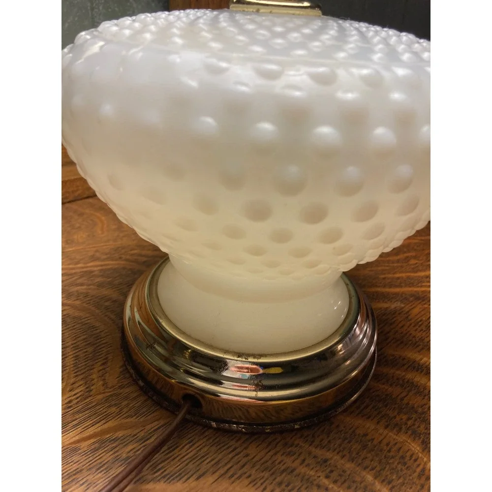 Vintage White Milk Glass Hobnail Hurricane Lamp Electric Table Lamp Mid Century